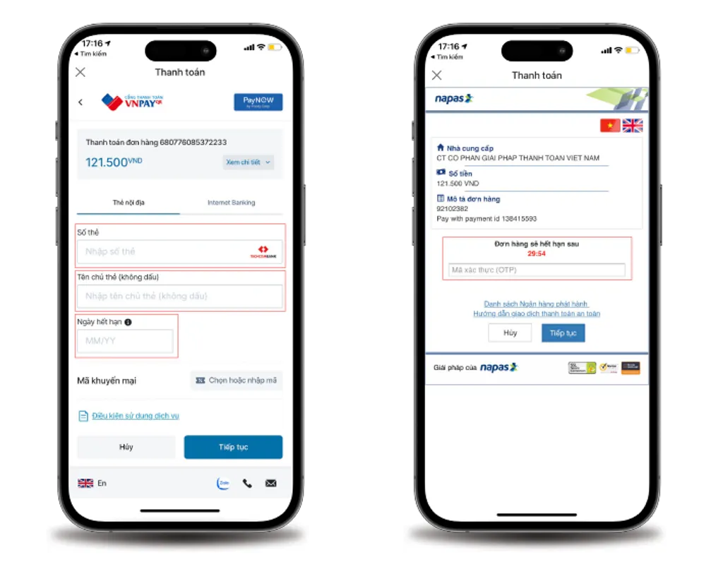 Giao diện cổng thanh toán VNPAY khi thanh toán bằng thẻ nội địa